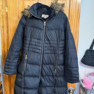 Black Puffer Coat with Fur Trim